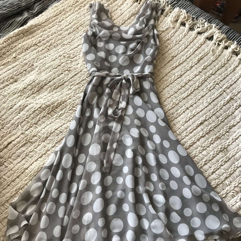 Cowl neck grey and white polka dot dress